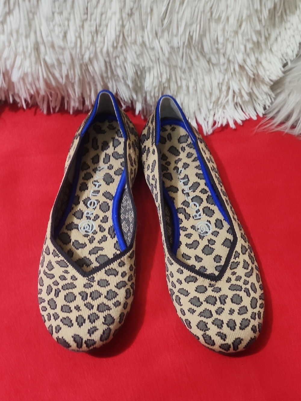 Rothy's Leopard Print Slip-On Flats in Beige and Black with Blue Trim
